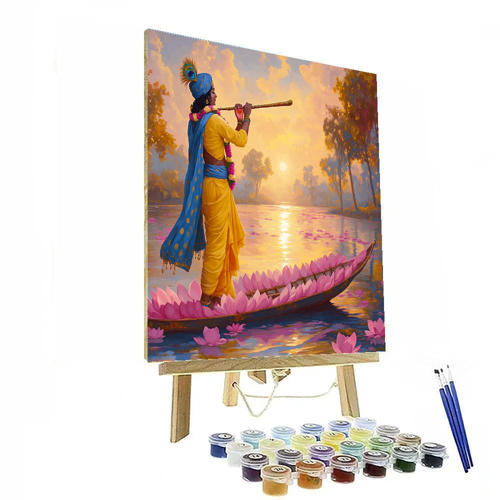 Krishna Guiding A Lotus Boat At Dawn paint by color