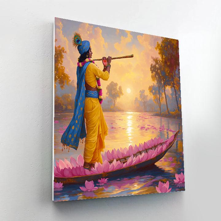 Krishna Guiding A Lotus Boat At Dawn paint by color