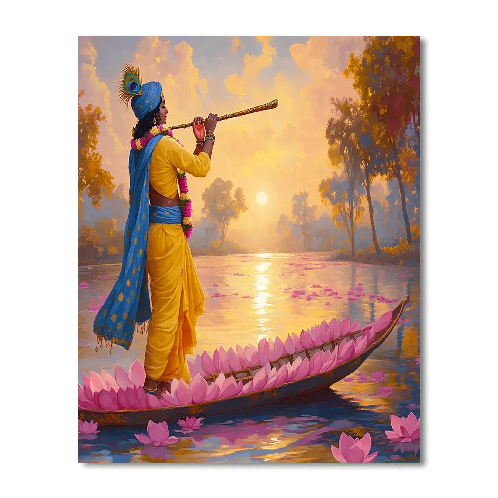 Krishna Guiding A Lotus Boat At Dawn paint by color