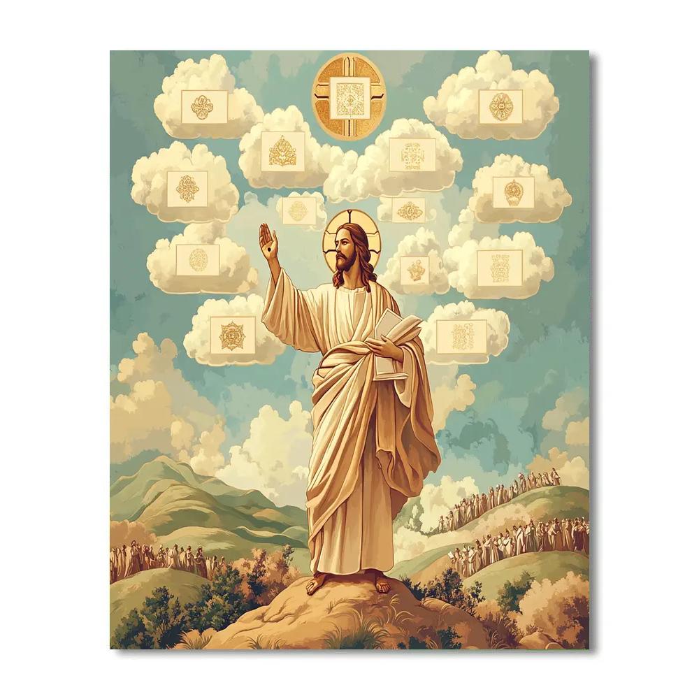 Jesus On The Hillside With Beatitudes Banner Clouds DIY paint by numbers