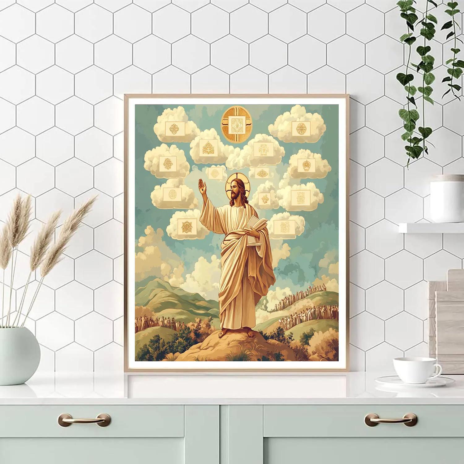 Jesus On The Hillside With Beatitudes Banner Clouds DIY paint by numbers