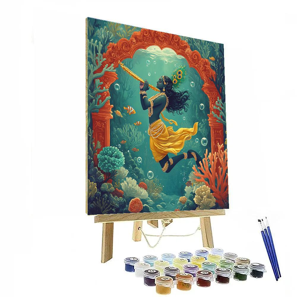 Krishna Playing Flute In A Coral Palace Paint by numbers art