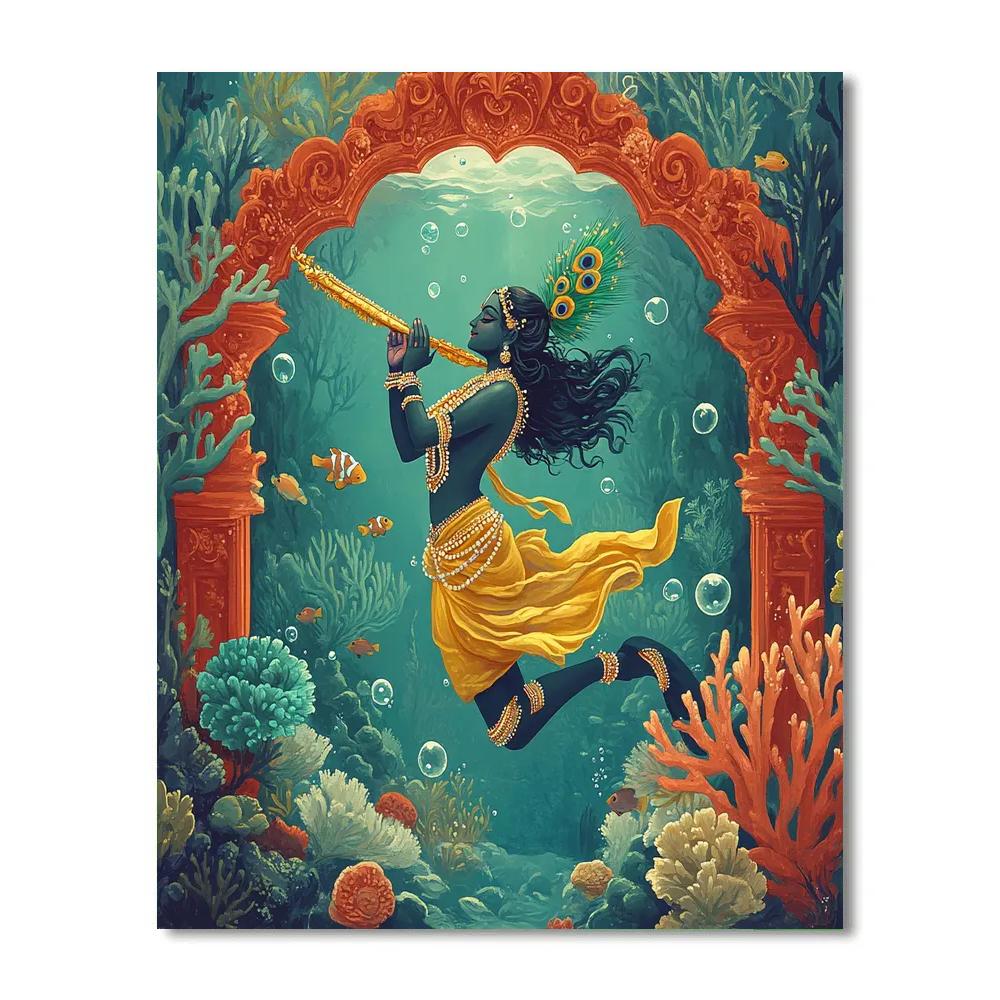 Krishna Playing Flute In A Coral Palace Paint by numbers art