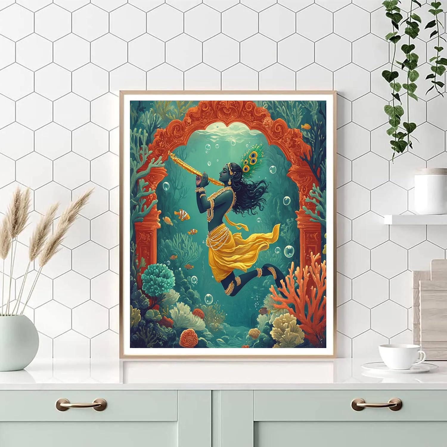 Krishna Playing Flute In A Coral Palace Paint by numbers art