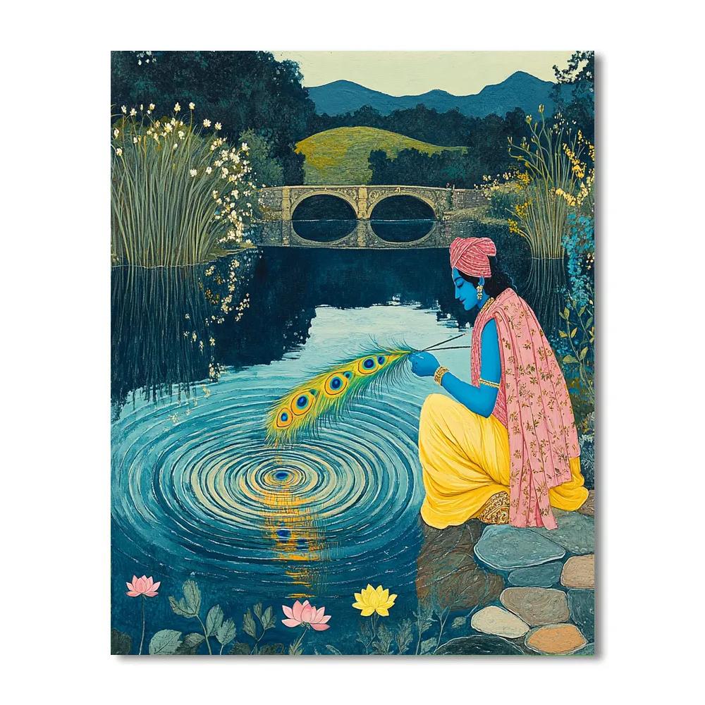Krishna And The Mirror Lake Peacock Feather Paint by numbers art