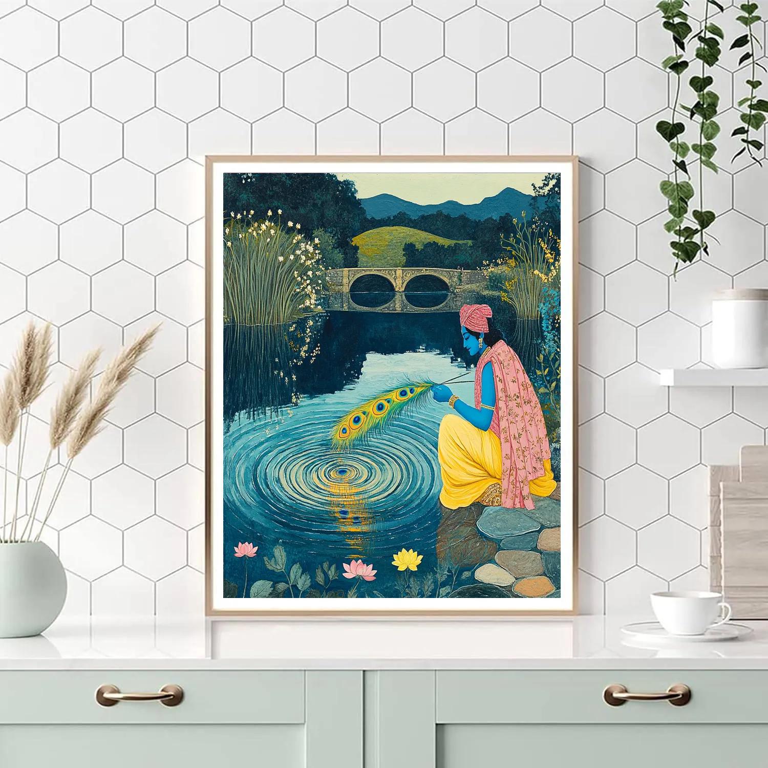 Krishna And The Mirror Lake Peacock Feather Paint by numbers art