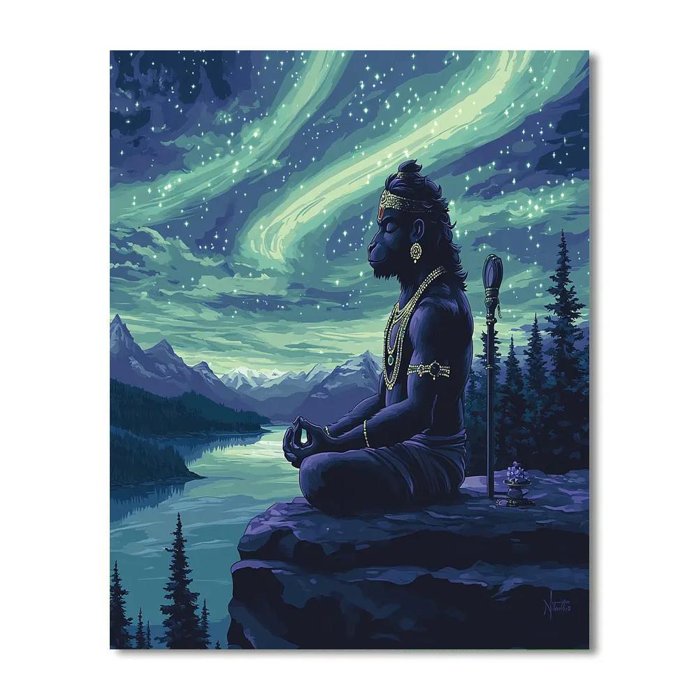 Aurora Cliff Meditation, Hanuman Silhouette Paint by numbers kits
