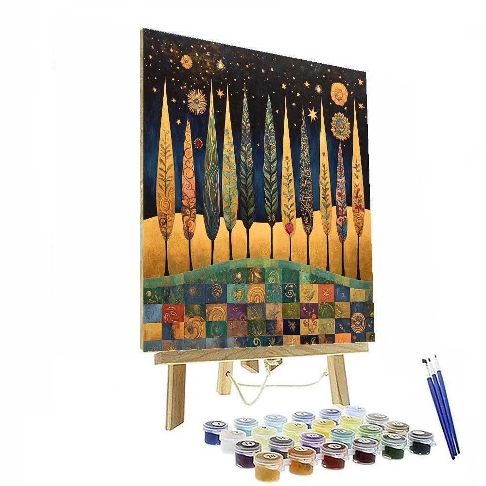 Gustav Klimt Inspired Starwoven Cypress Mosaic Horizon paint by numbers