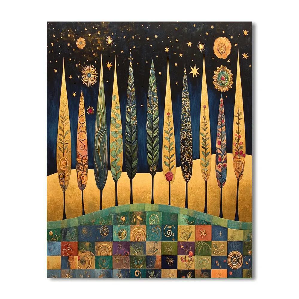 Gustav Klimt Inspired Starwoven Cypress Mosaic Horizon paint by numbers