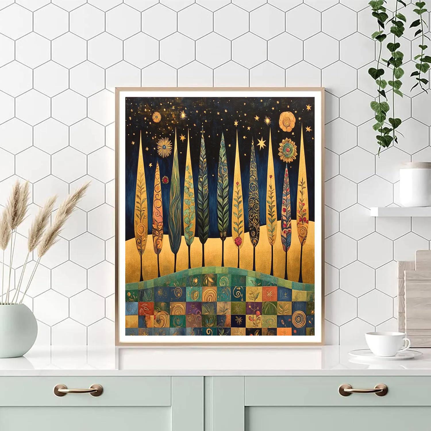 Gustav Klimt Inspired Starwoven Cypress Mosaic Horizon paint by numbers