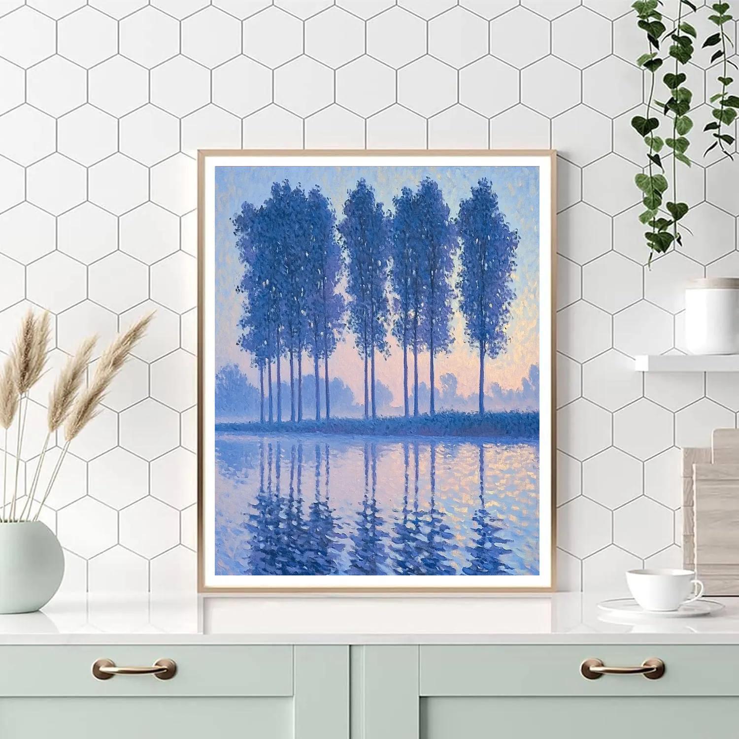 Claude Monet Inspired Frosted Poplar Riverbank In Pearl Dawn painting number kit