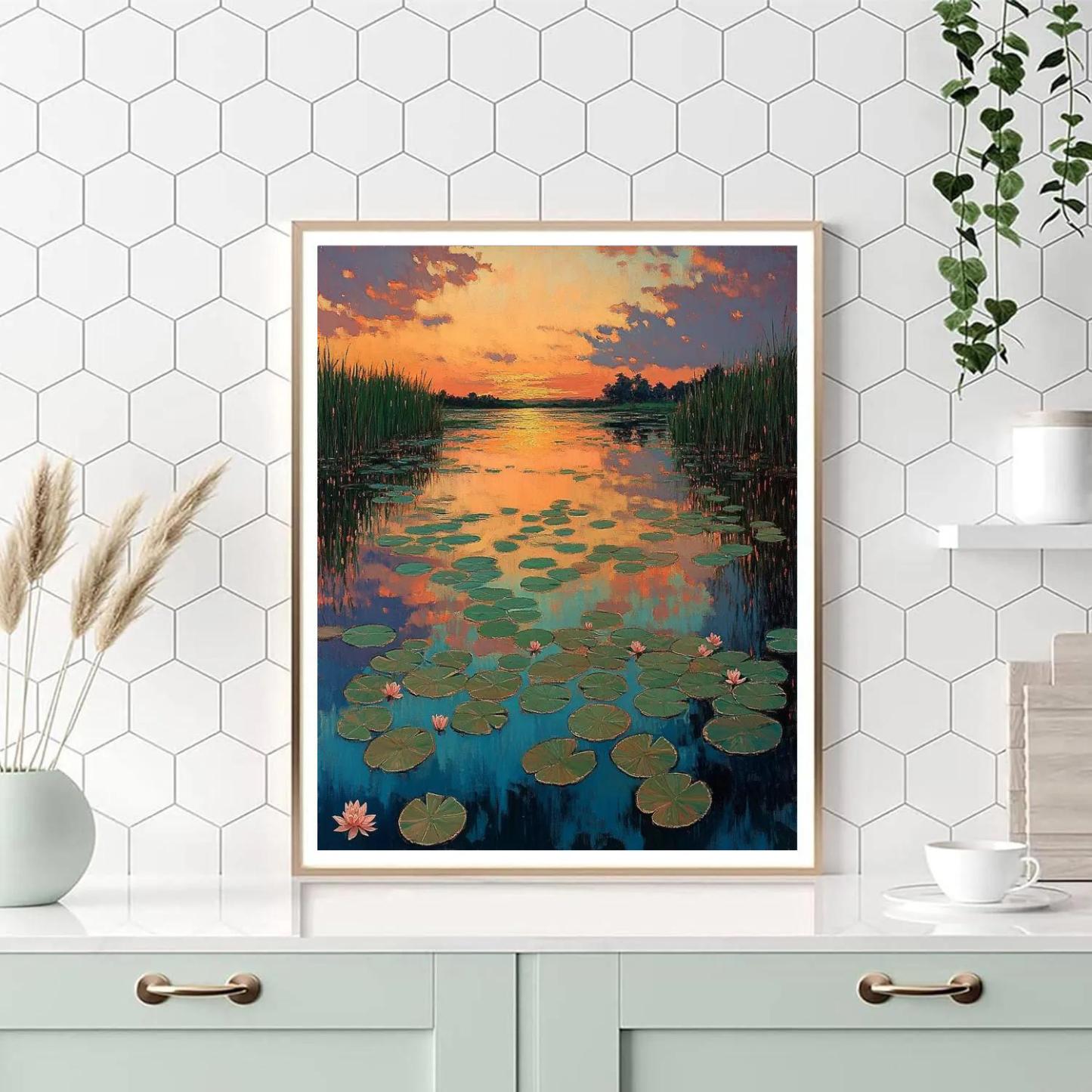 Claude Monet Inspired Autumn Water Garden With Copper Sky Reflection Paint by numbers kits