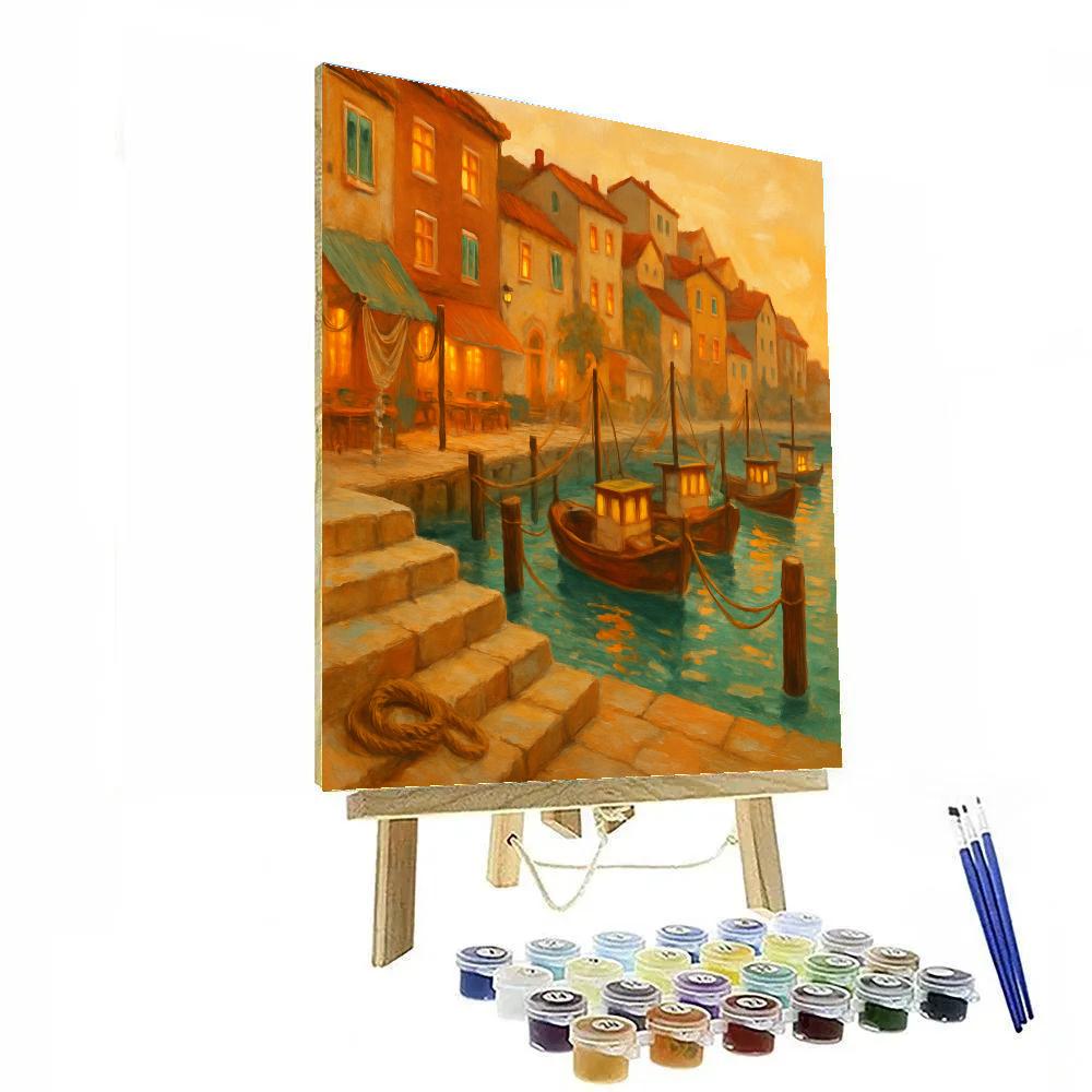 Golden Hour Harbor Steps And Lantern Boats Paint by numbers art