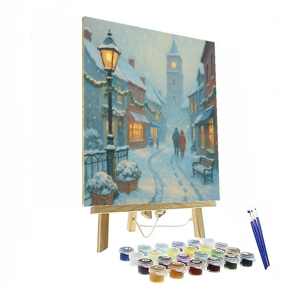 Snowy Clocktower Lane With Cocoa Lit Windows Paint by numbers art