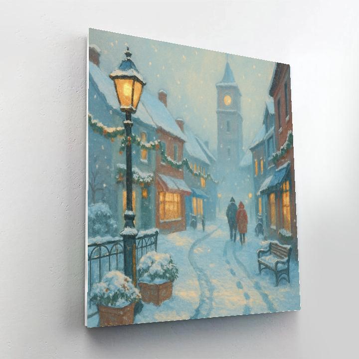Snowy Clocktower Lane With Cocoa Lit Windows Paint by numbers art