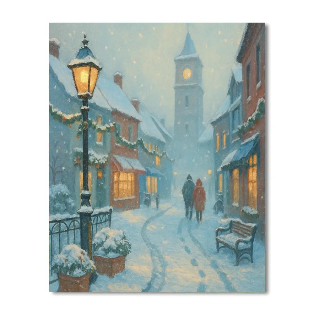 Snowy Clocktower Lane With Cocoa Lit Windows Paint by numbers art