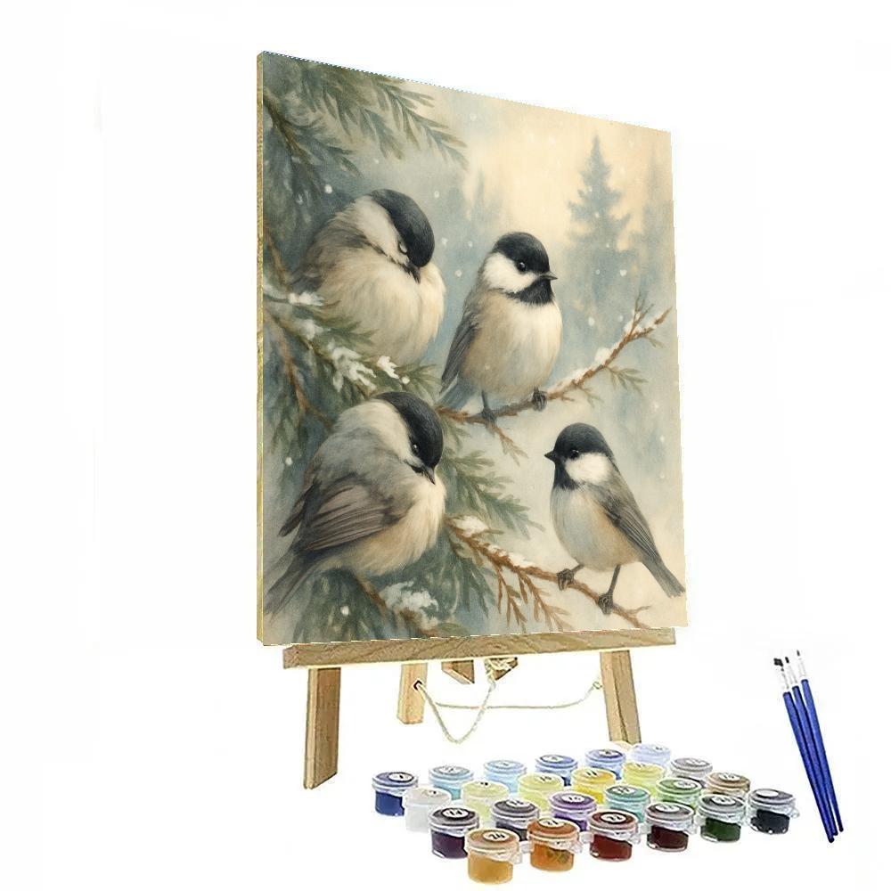 Snowy Cedar Nook With Resting Chickadees Painting by numbers kit