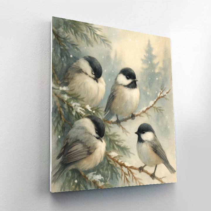 Snowy Cedar Nook With Resting Chickadees Painting by numbers kit