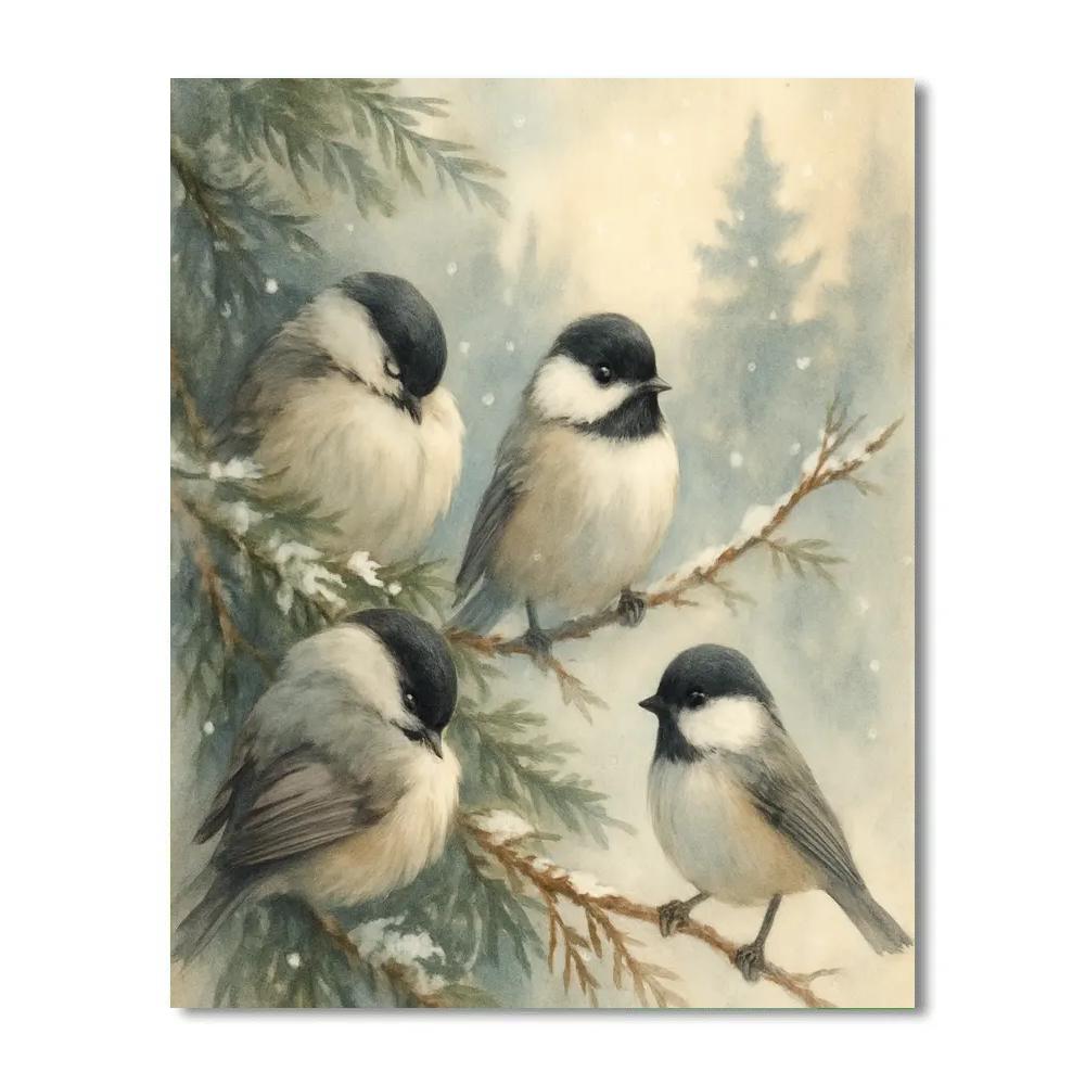 Snowy Cedar Nook With Resting Chickadees Painting by numbers kit