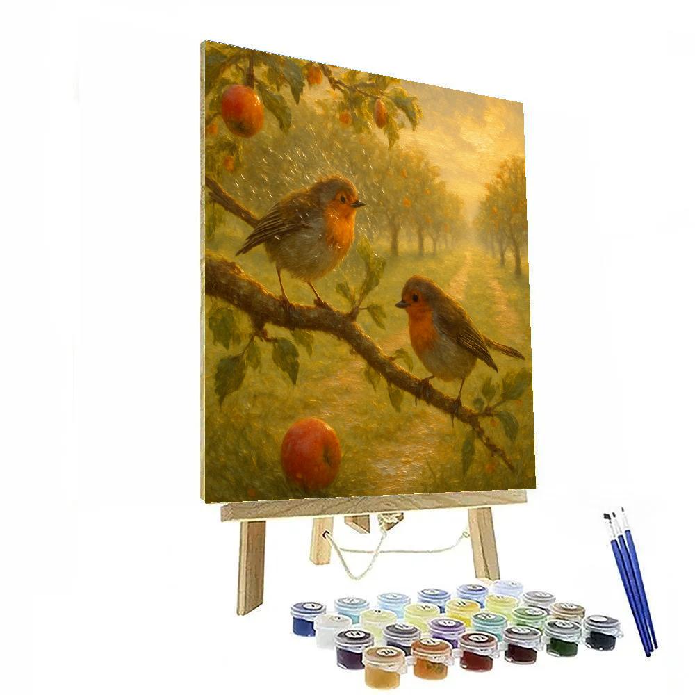 Golden Orchard Robins After Rain paint by number