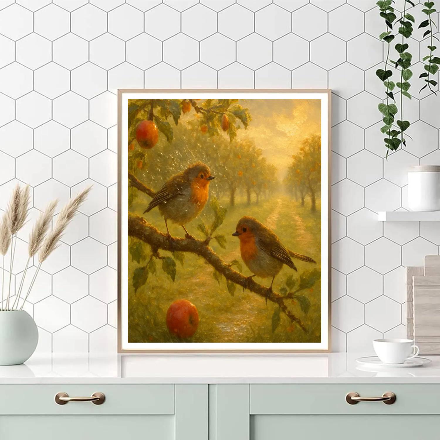 Golden Orchard Robins After Rain paint by number