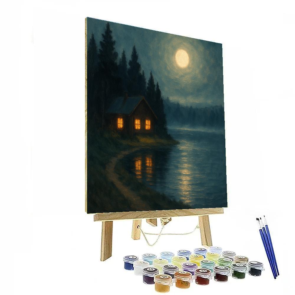 Moonlit Cabin Across Quiet Water Numbered painting kits