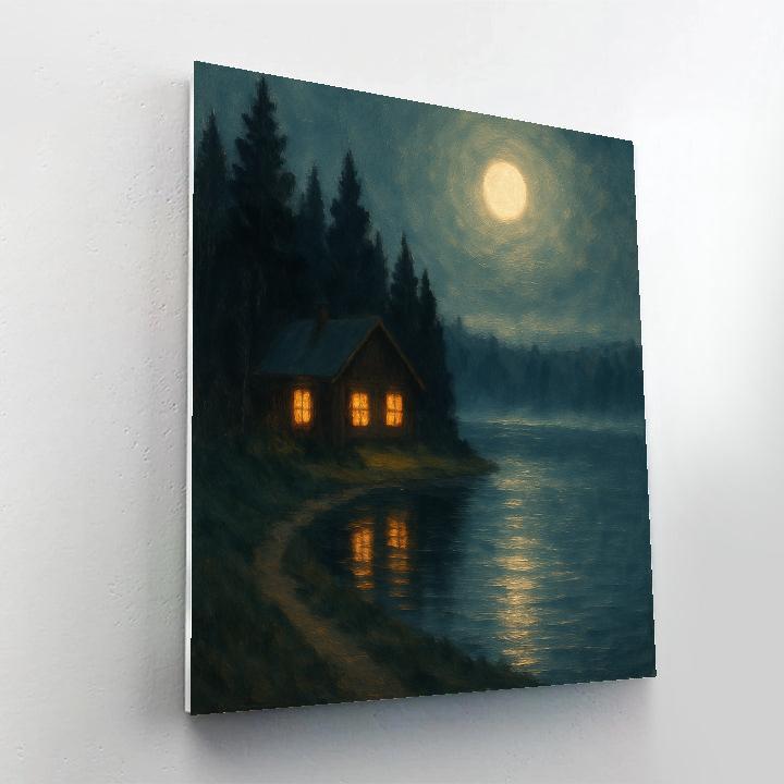 Moonlit Cabin Across Quiet Water Numbered painting kits