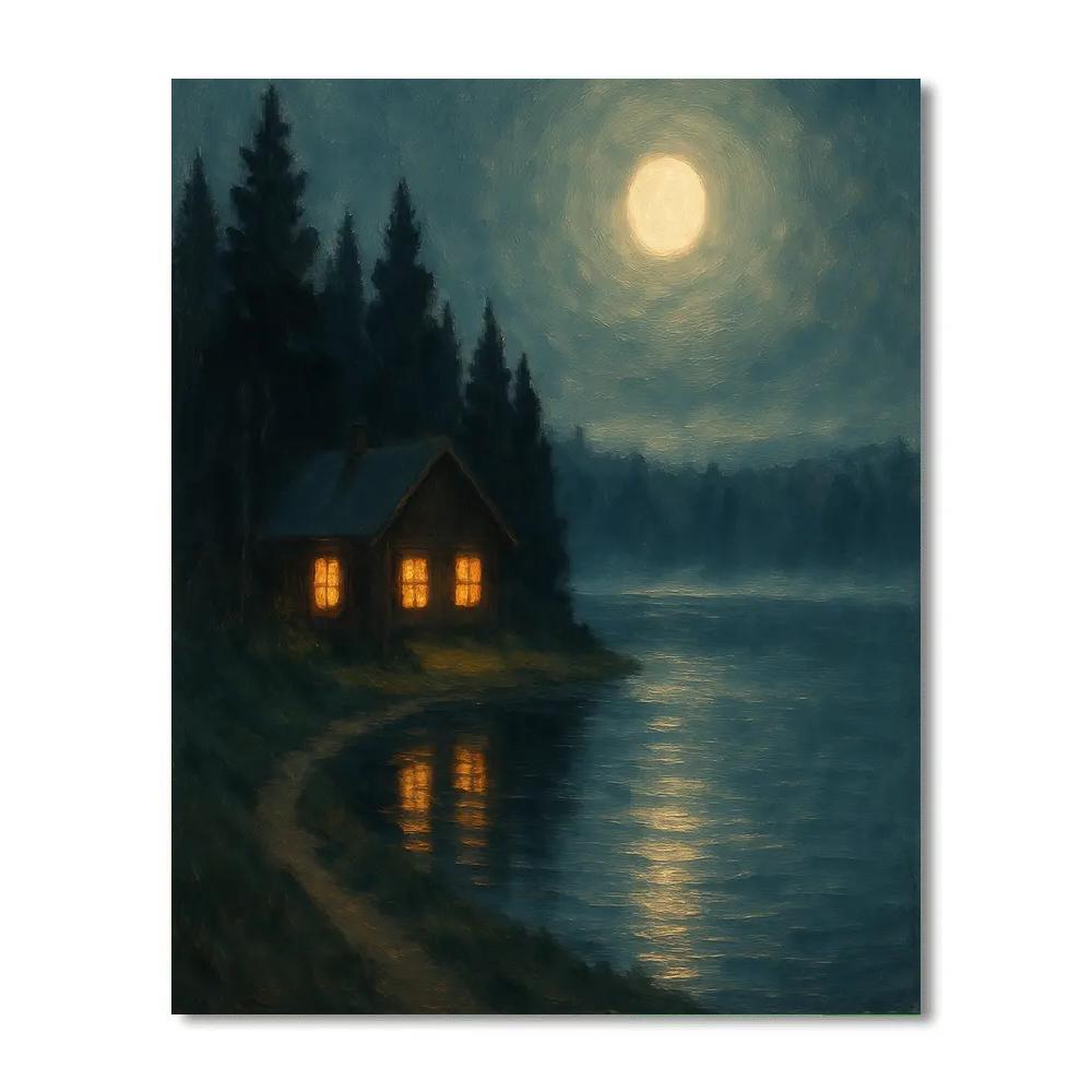 Moonlit Cabin Across Quiet Water Numbered painting kits