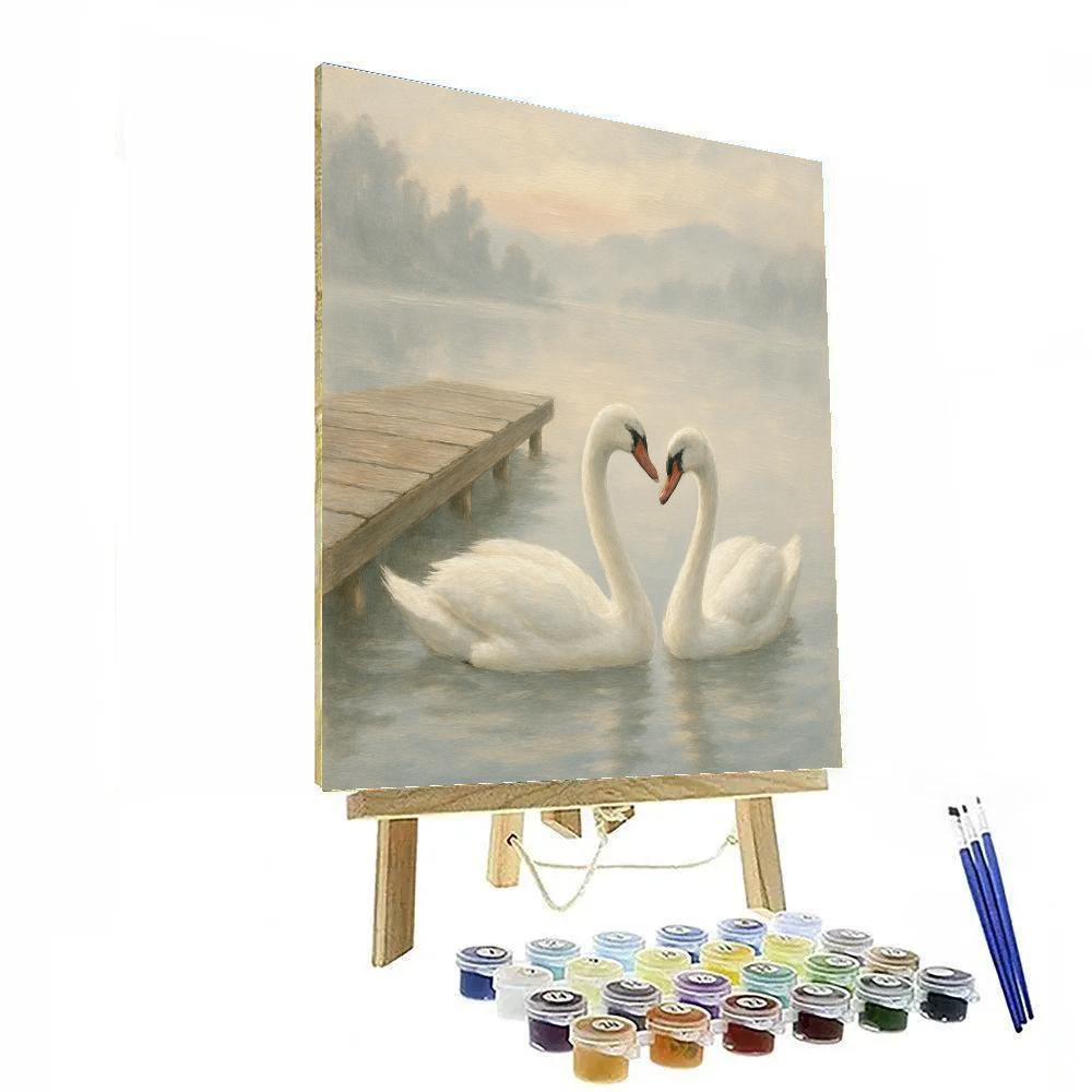 Swans At The Misty Lakeside Dock paint by number