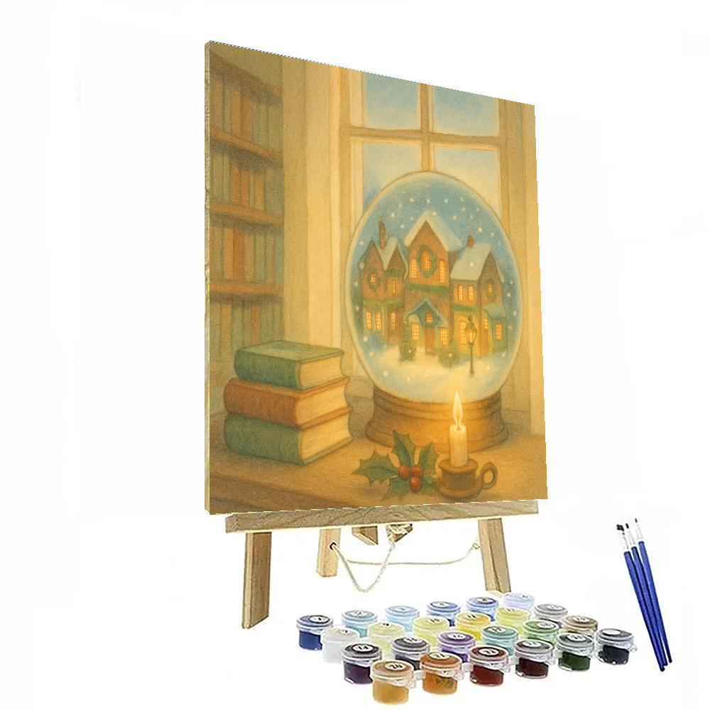 Winter Library Window With Snow Globe Street Painting by numbers kit