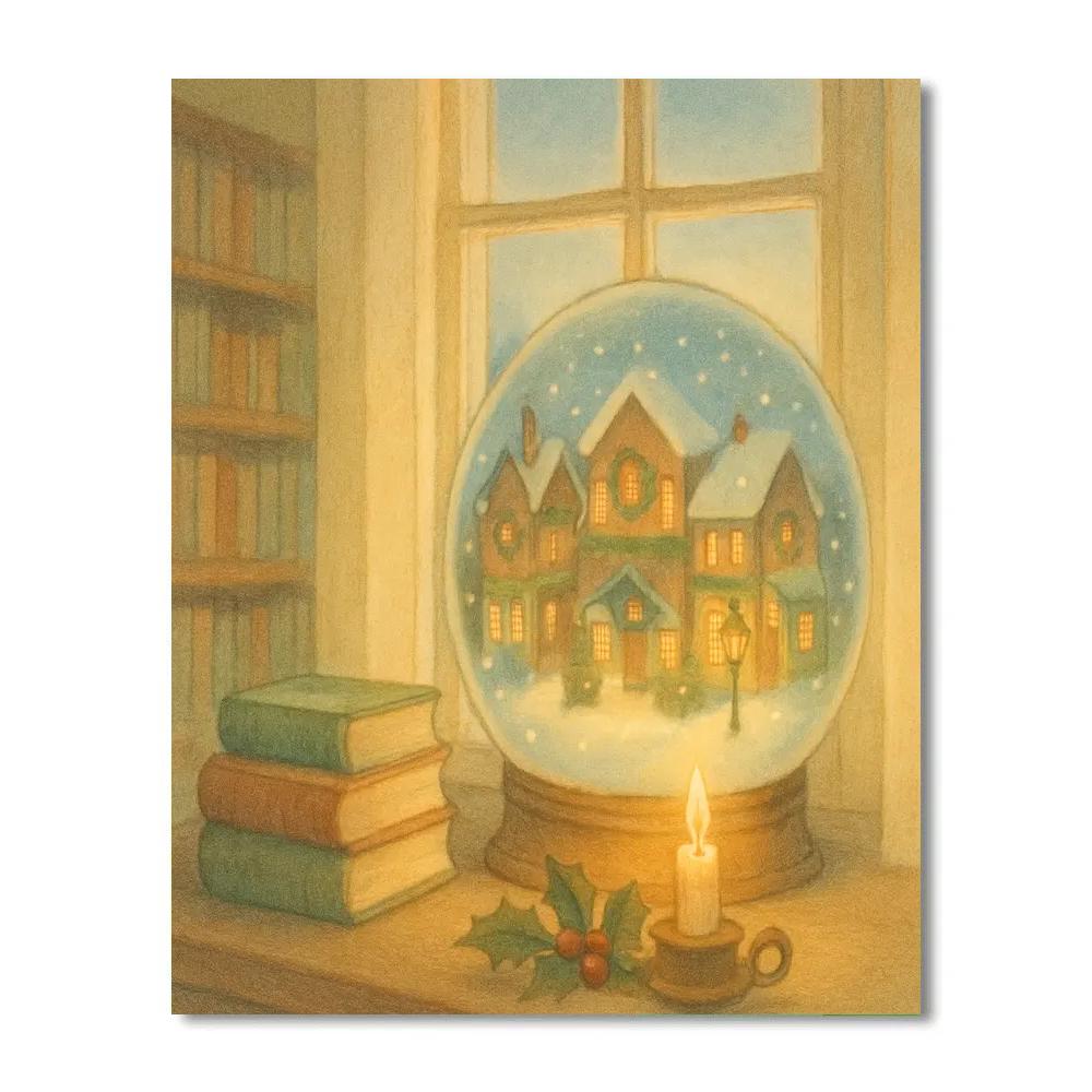 Winter Library Window With Snow Globe Street Painting by numbers kit