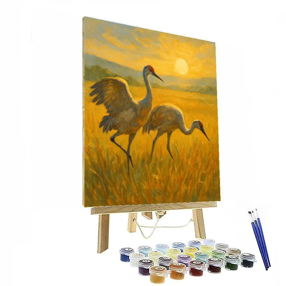 Cranes In The Saffron Dawn Meadow paint by color
