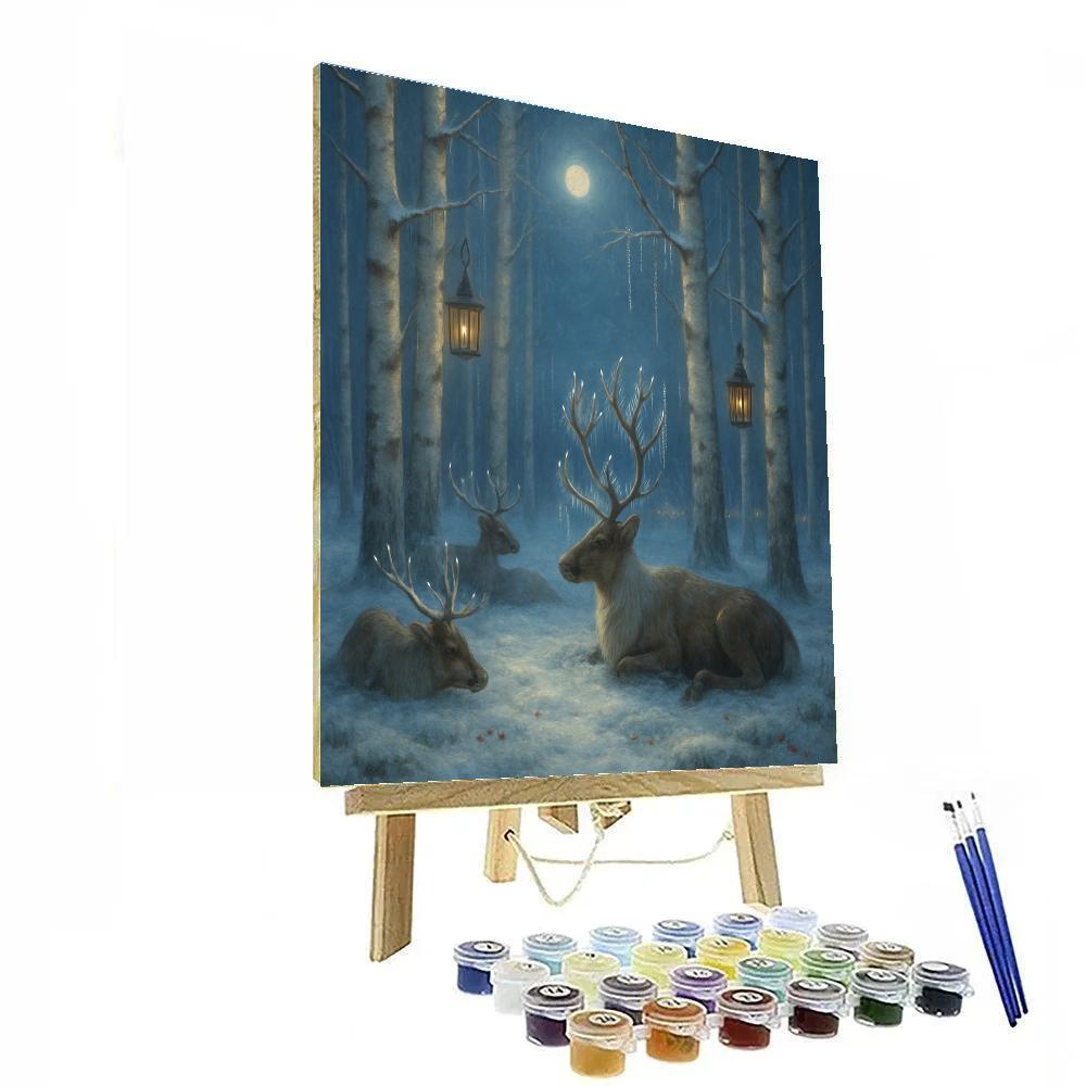 Reindeer Resting In Moonlit Birch Cathedral painting number kit
