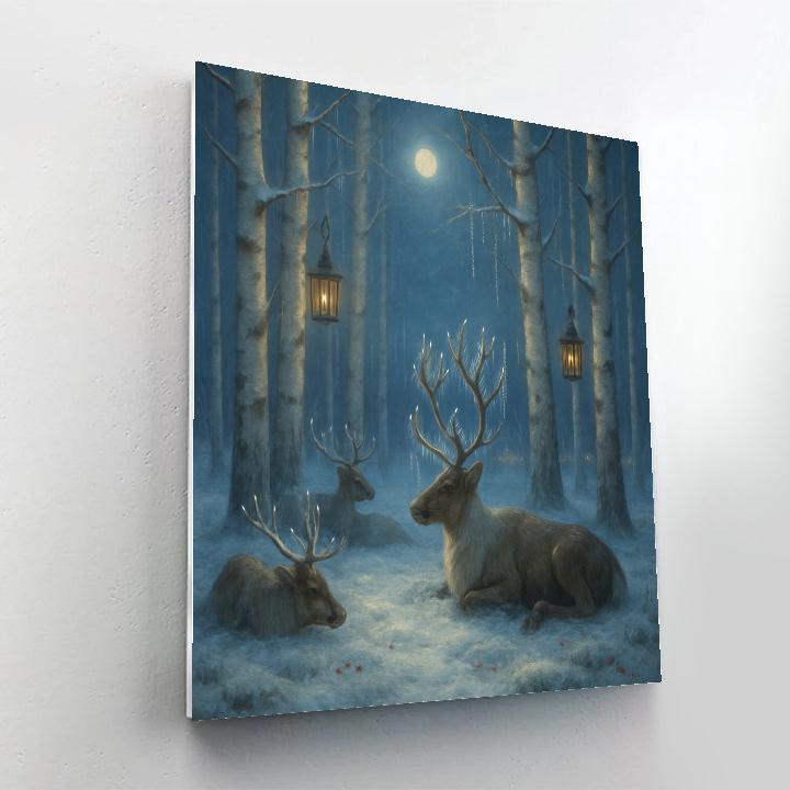 Reindeer Resting In Moonlit Birch Cathedral painting number kit