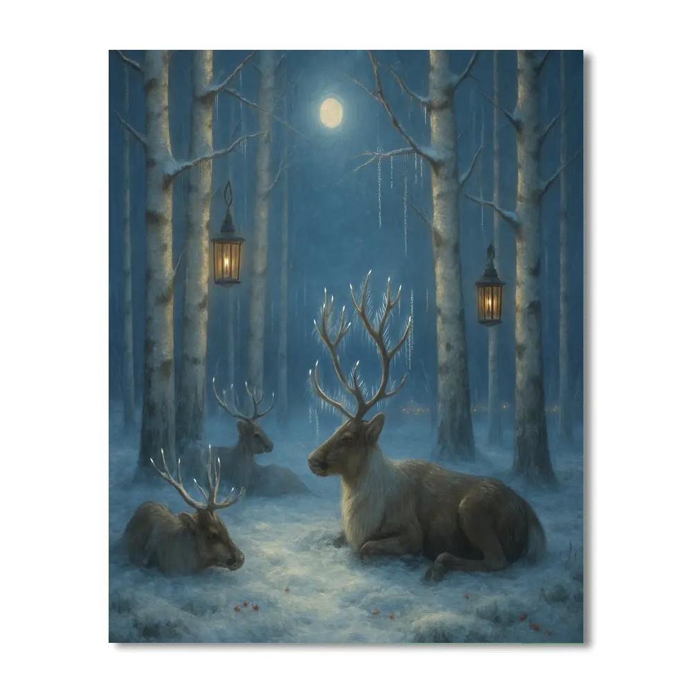 Reindeer Resting In Moonlit Birch Cathedral painting number kit