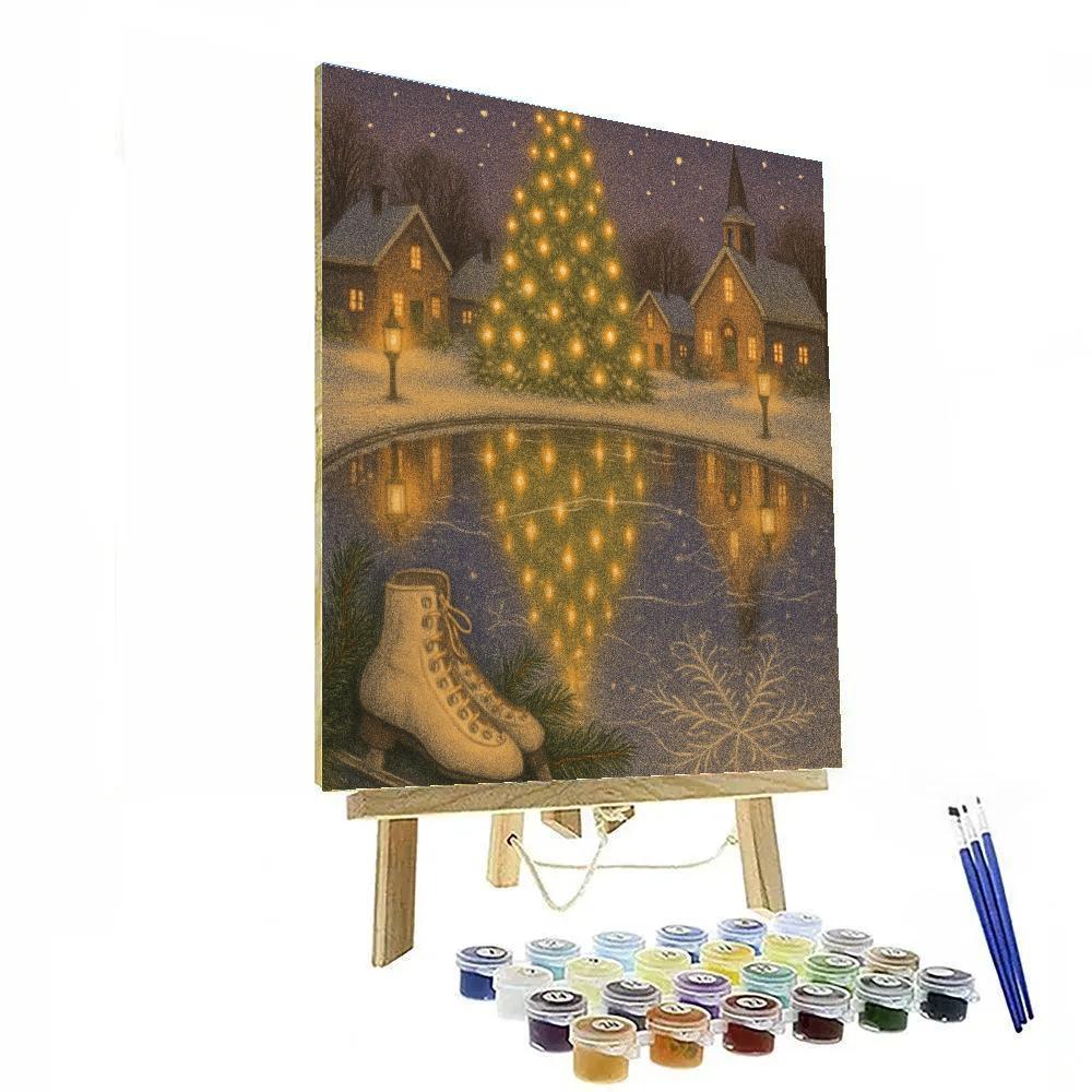 Village Tree Lighting Reflected In Ice Mirror Pond DIY paint by numbers