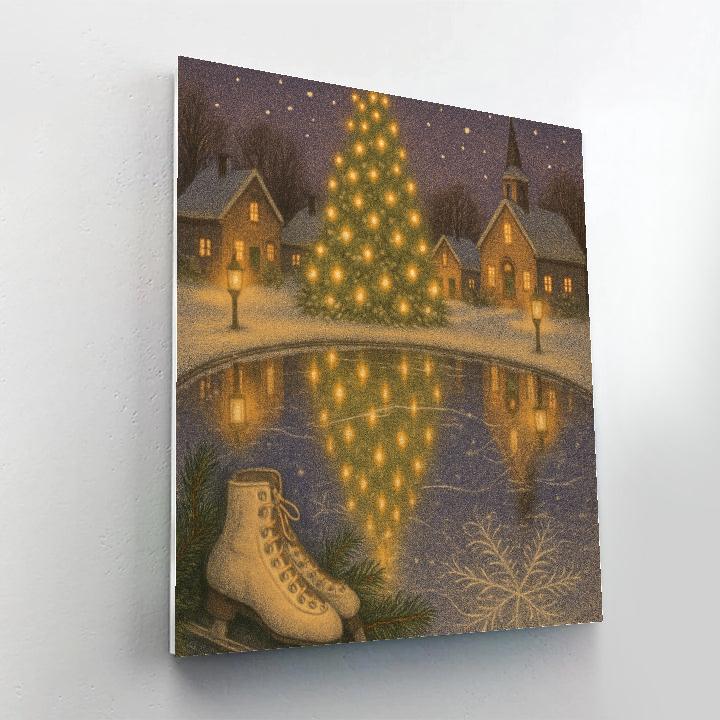 Village Tree Lighting Reflected In Ice Mirror Pond DIY paint by numbers