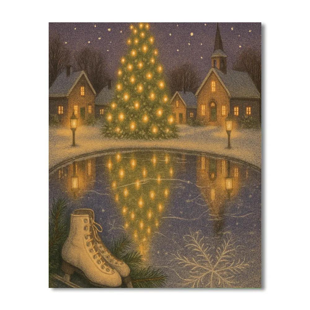 Village Tree Lighting Reflected In Ice Mirror Pond DIY paint by numbers