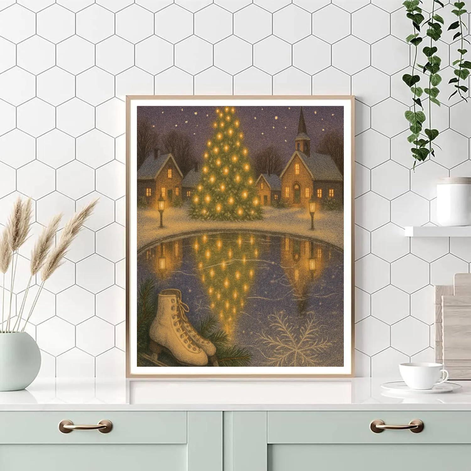 Village Tree Lighting Reflected In Ice Mirror Pond DIY paint by numbers