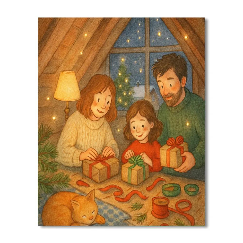 Cozy Attic Wrapping Night With Firefly Sparkles paint by numbers