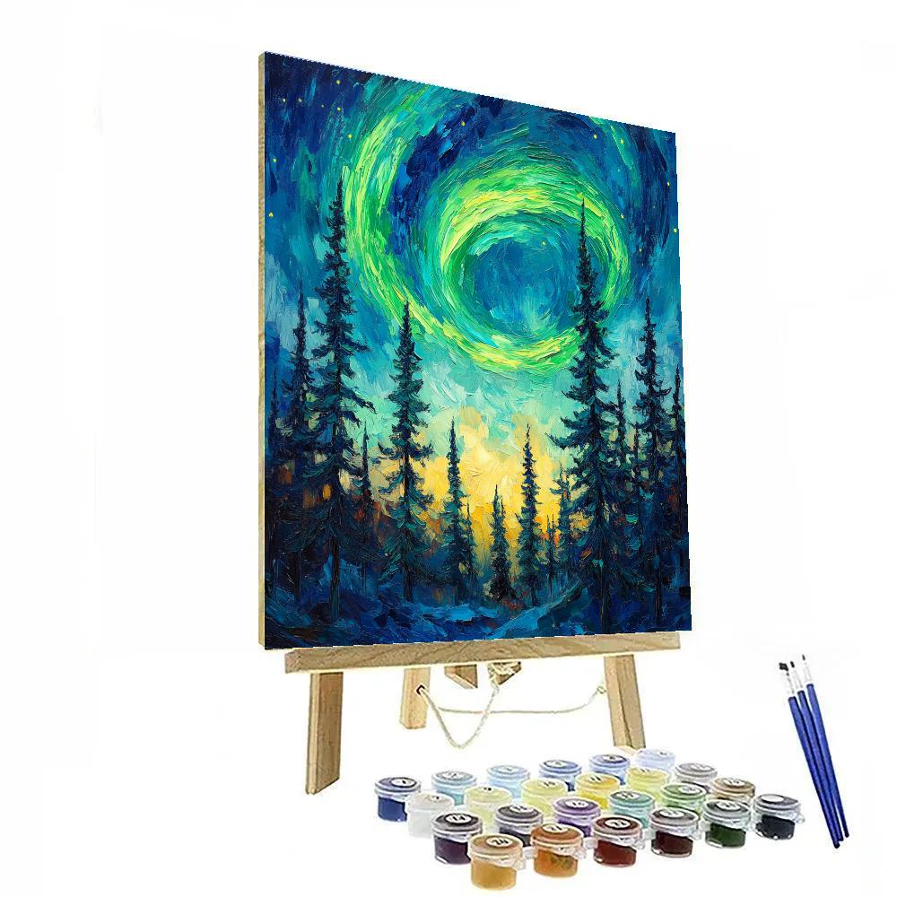 Van Gogh Inspired Aurora Over Pine Forest painting number kit