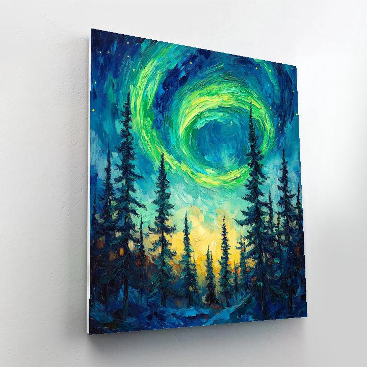 Van Gogh Inspired Aurora Over Pine Forest painting number kit