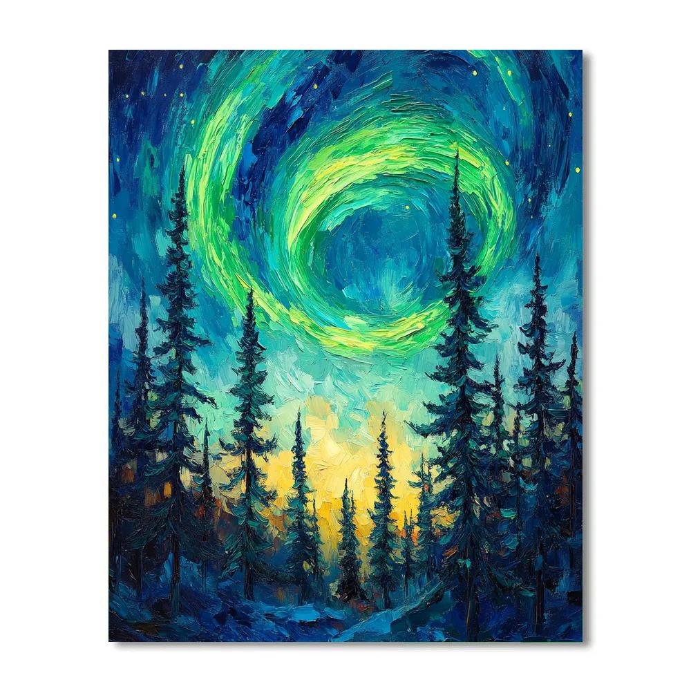 Van Gogh Inspired Aurora Over Pine Forest painting number kit