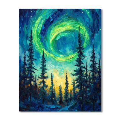 Van Gogh Inspired Aurora Over Pine Forest painting number kit