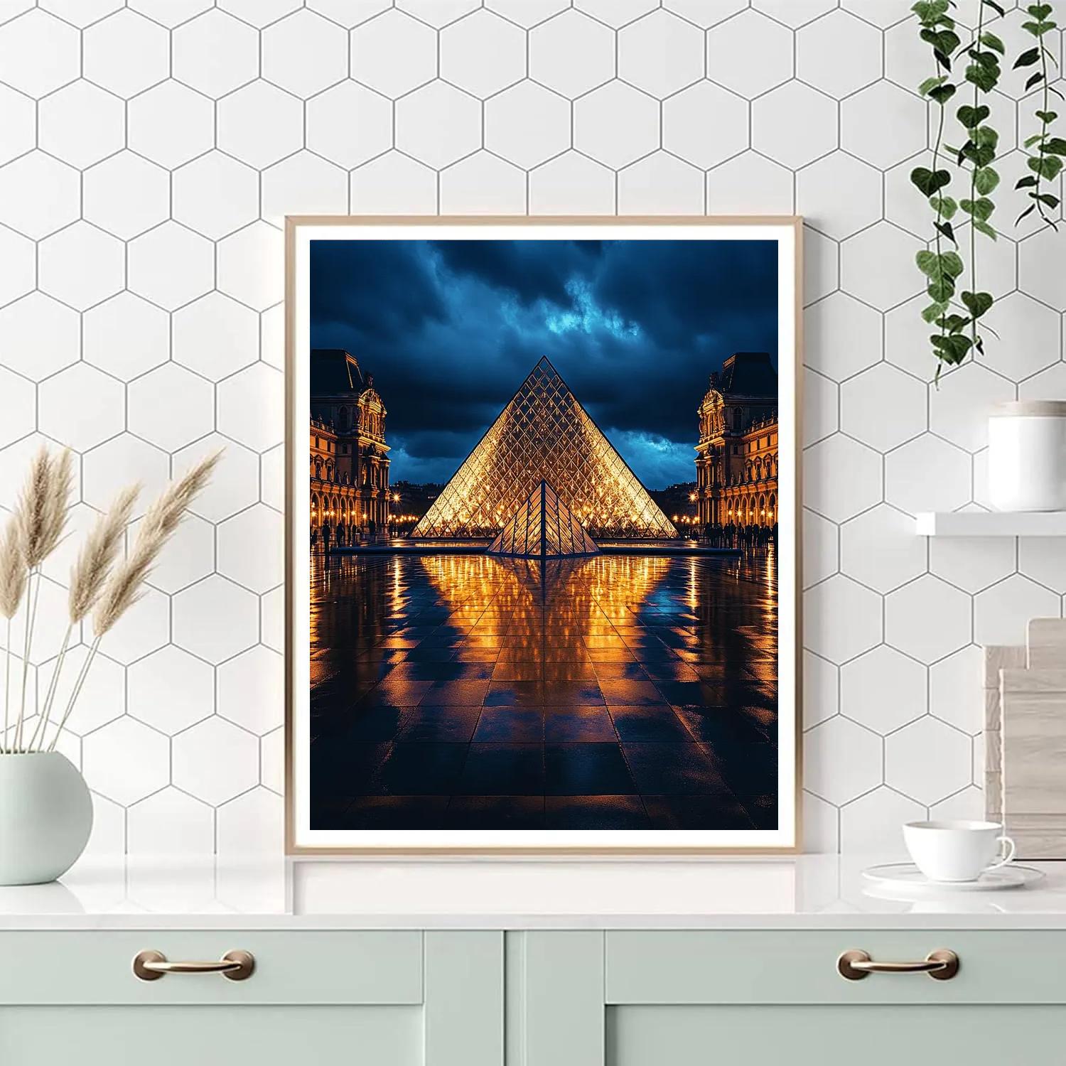 Geometric Esplanade Of The Louvre Pyramid At Night Paris France Painting by numbers kit