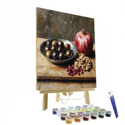 Diego Velázquez Inspired Market Still Life With Olives And Pomegranates In Misty Light paint by color
