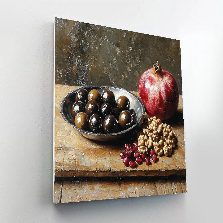 Diego Velázquez Inspired Market Still Life With Olives And Pomegranates In Misty Light paint by color