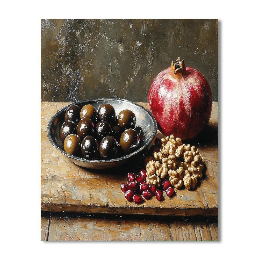 Diego Velázquez Inspired Market Still Life With Olives And Pomegranates In Misty Light paint by color