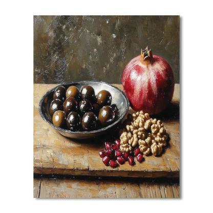 Diego Velázquez Inspired Market Still Life With Olives And Pomegranates In Misty Light paint by color