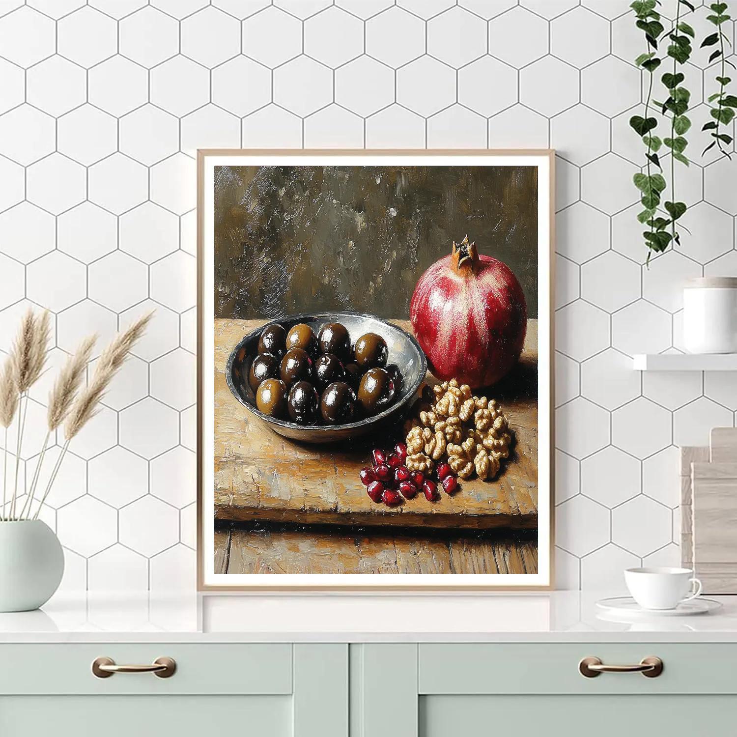 Diego Velázquez Inspired Market Still Life With Olives And Pomegranates In Misty Light paint by color
